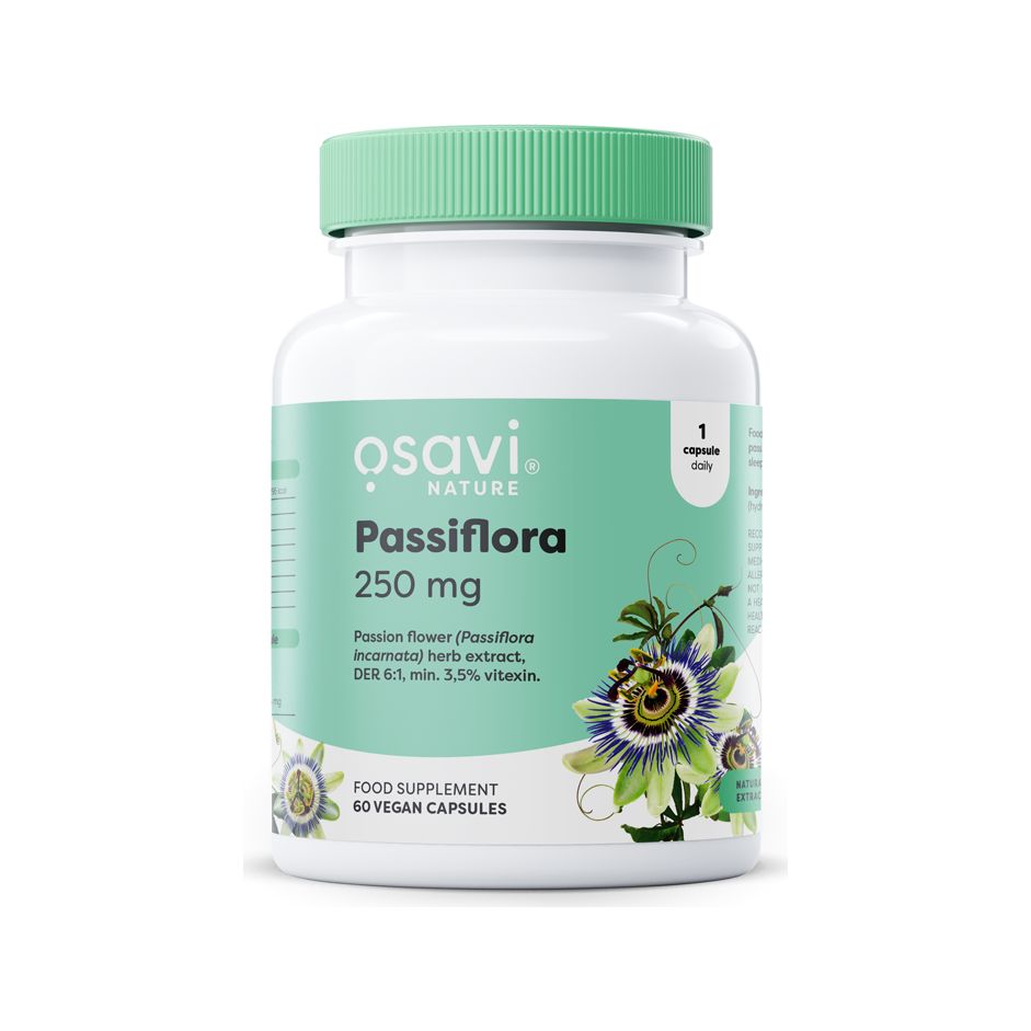 Osavi Passiflora 250 mg kapslar, förpackning med grönt lock och etikett