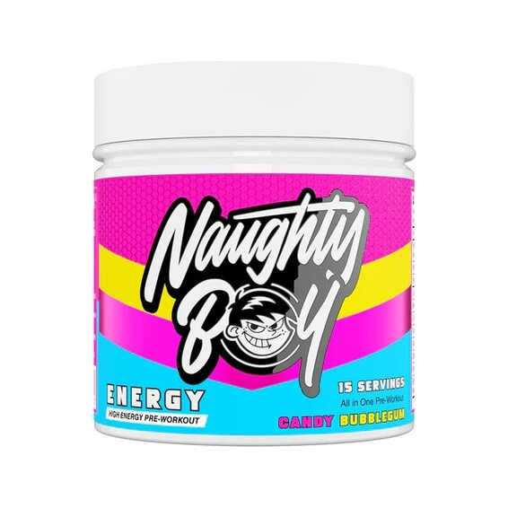 Energitillskott i burk med rosa ränder på etiketten, Candy Bubblegum-smak.