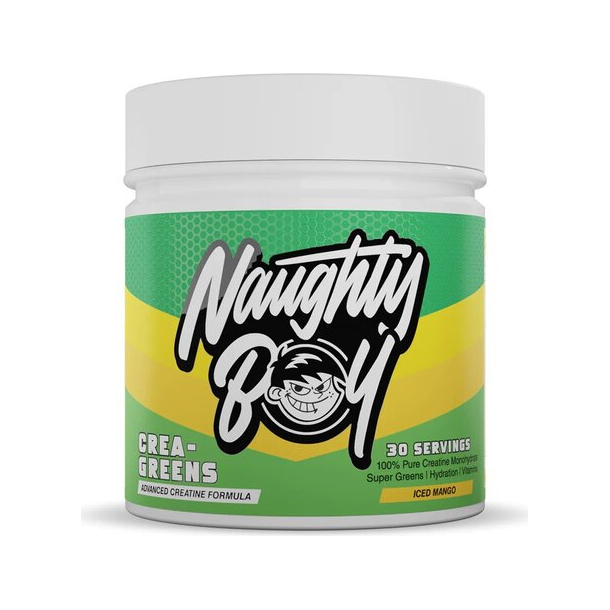 Crea-Greens-kreatinburk med isad mango, 30 portioner, grön burketikett