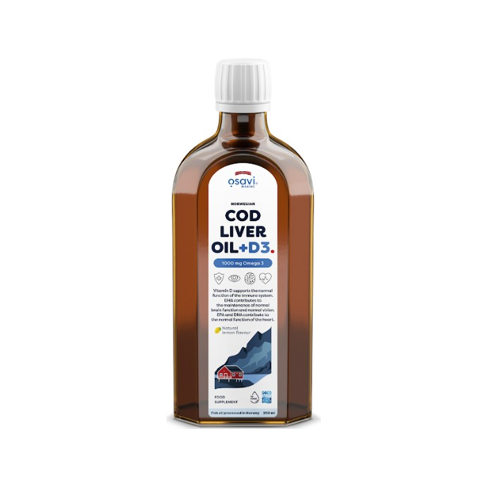 Norwegian Cod Liver Oil + D3, 1000mg Omega 3 (Lemon) - 250 ml.