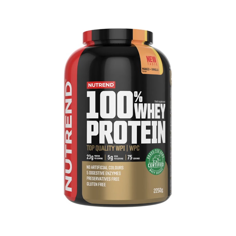 Nutrend 100% vassleprotein 2250 g, röd burk med svart lock och orange toppetikett.