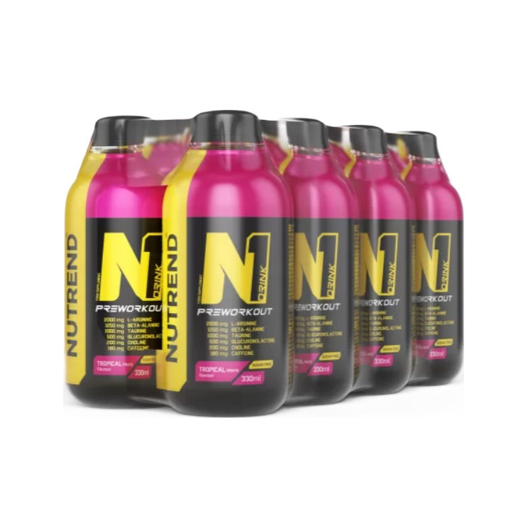 8-pack sportdryck i flaskor, rosa och svart med gul etikett
