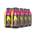 8-pack sportdryck i flaskor, rosa och svart med gul etikett