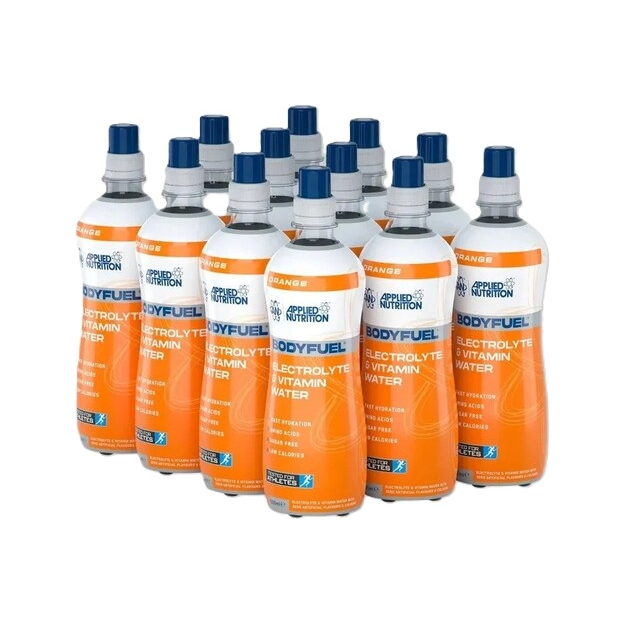 Elektrolyt- och vitaminvatten i orange flaskor, 500 ml, 12-pack
