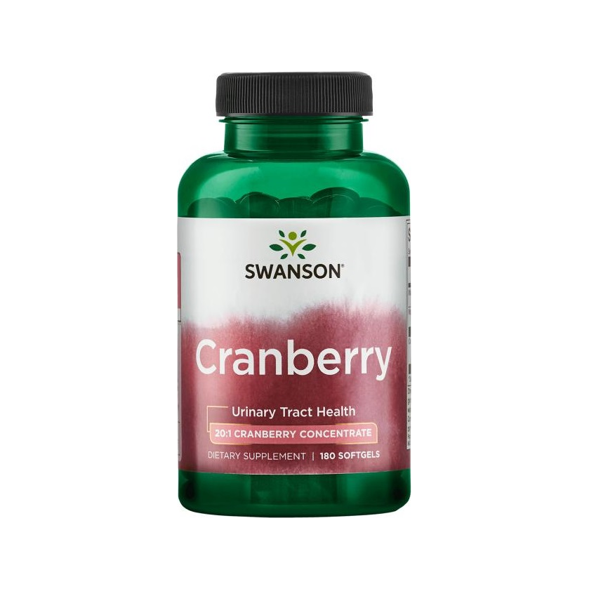 Tranbärstillskott i grön flaska med svart lock och Cranberry-etikett.