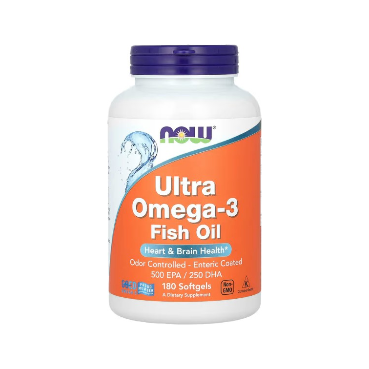 NOW Foods Ultra Omega-3 fiskolja: kapselburk med lila lock och orange etikett