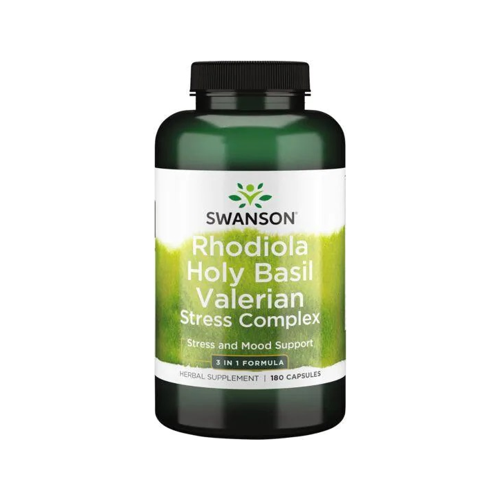 Swanson kosttillskottflaska med grön etikett och svart lock, Rhodiola Holy Basil Valerian