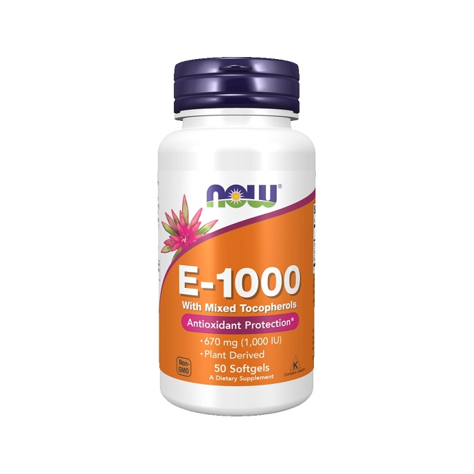 NOW Foods Vitamin E-1000 kapslar, flaska med etikett och lock i mörkgrått