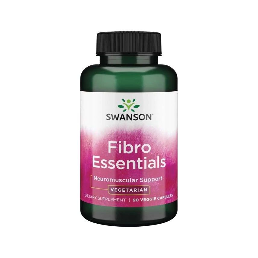 Kapselburk för kosttillskott med etiketten Fibro Essentials och SWANSON-logotyp