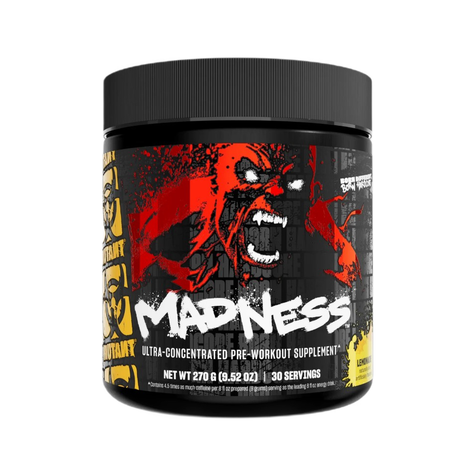 Burk med kosttillskott för pre-workout, svart med grafisk design och röd orm.
