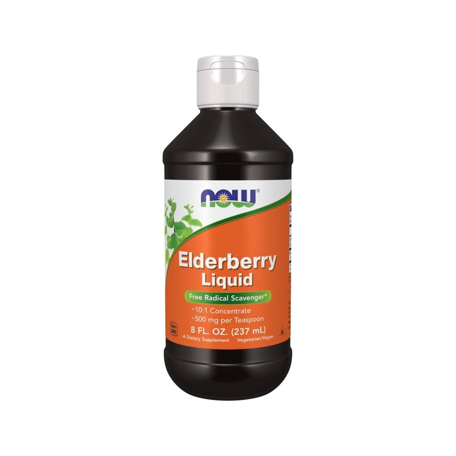 NOW Foods fläderbärslikvid 237 ml flaska med etikett