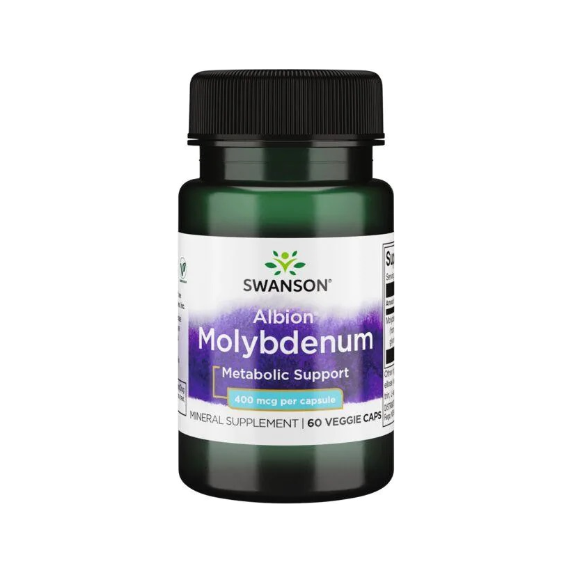 Swanson Albion Molybdenum 400 mcg tillskott i mörk kapselburk med etikett