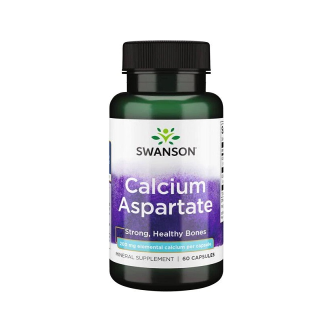 Kalciumtillskott i flaska med etiketten SWANSON Calcium Aspartate, 60 kapslar.