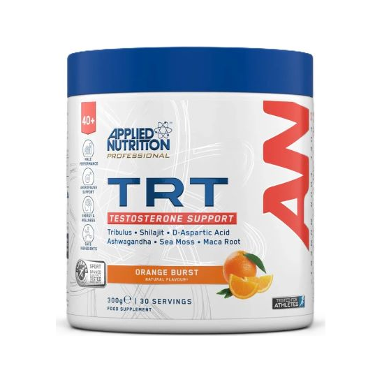 TRT-kosttillskottburk med Orange Burst-smak, blå lock och vit burk