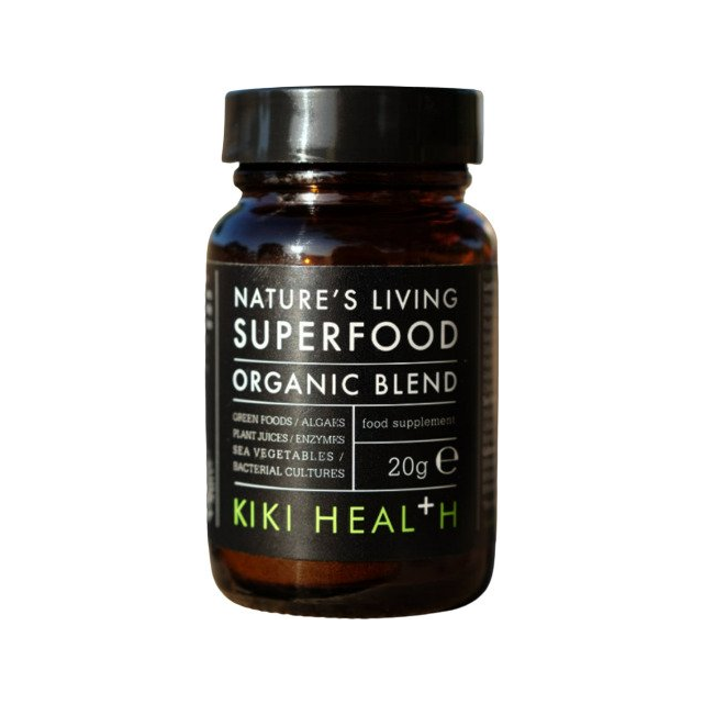 Superfood-tillskott i mörk glasburk med etikett och skruvlock, 20 g