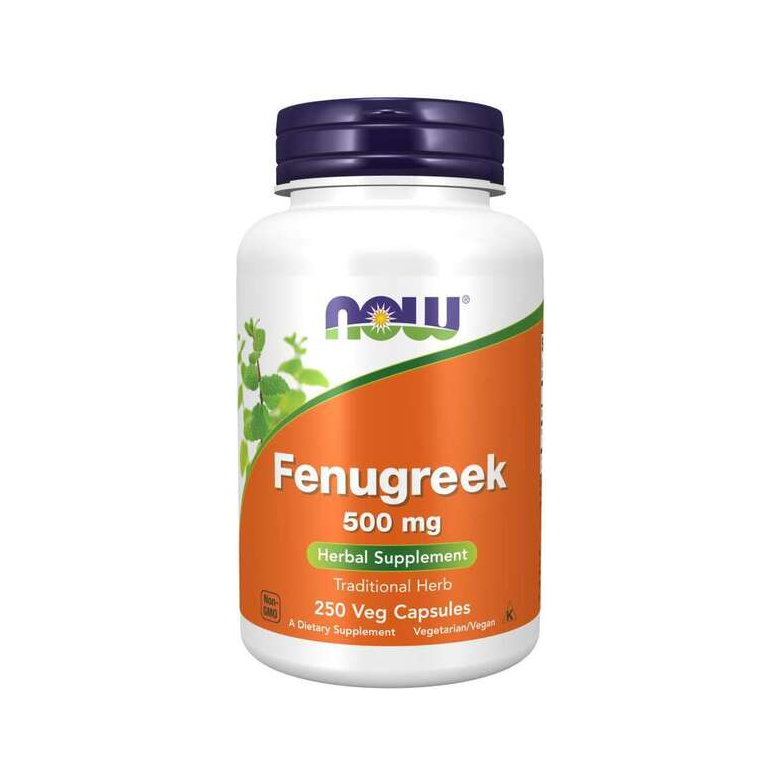 Kapselburk Fenugreek 500 mg från NOW Foods, etikett med örtigt kosttillskott och 250 vegkapslar