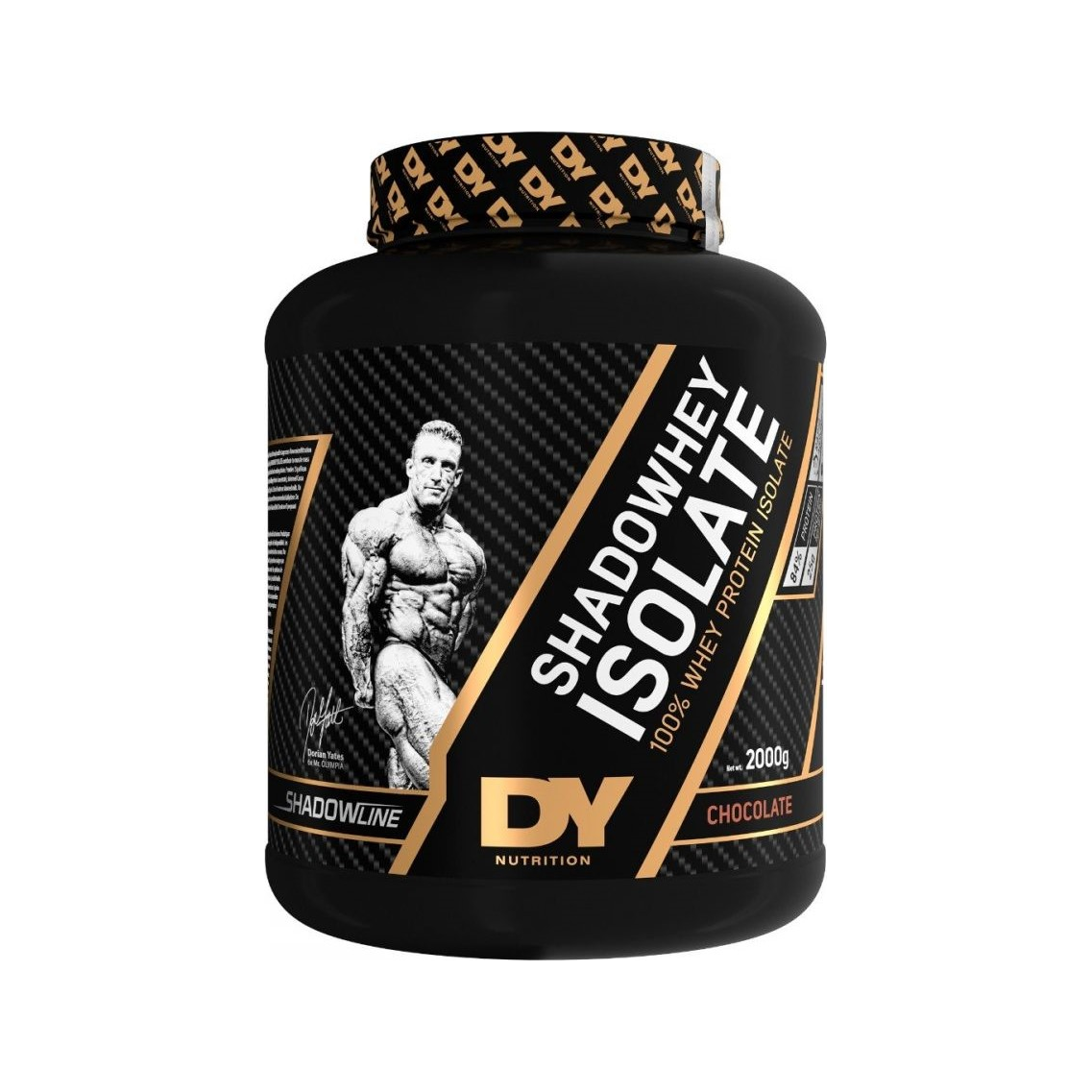 Proteinisolatburk från Dorian Yates, chokladsmak, stor svart behållare med etikett