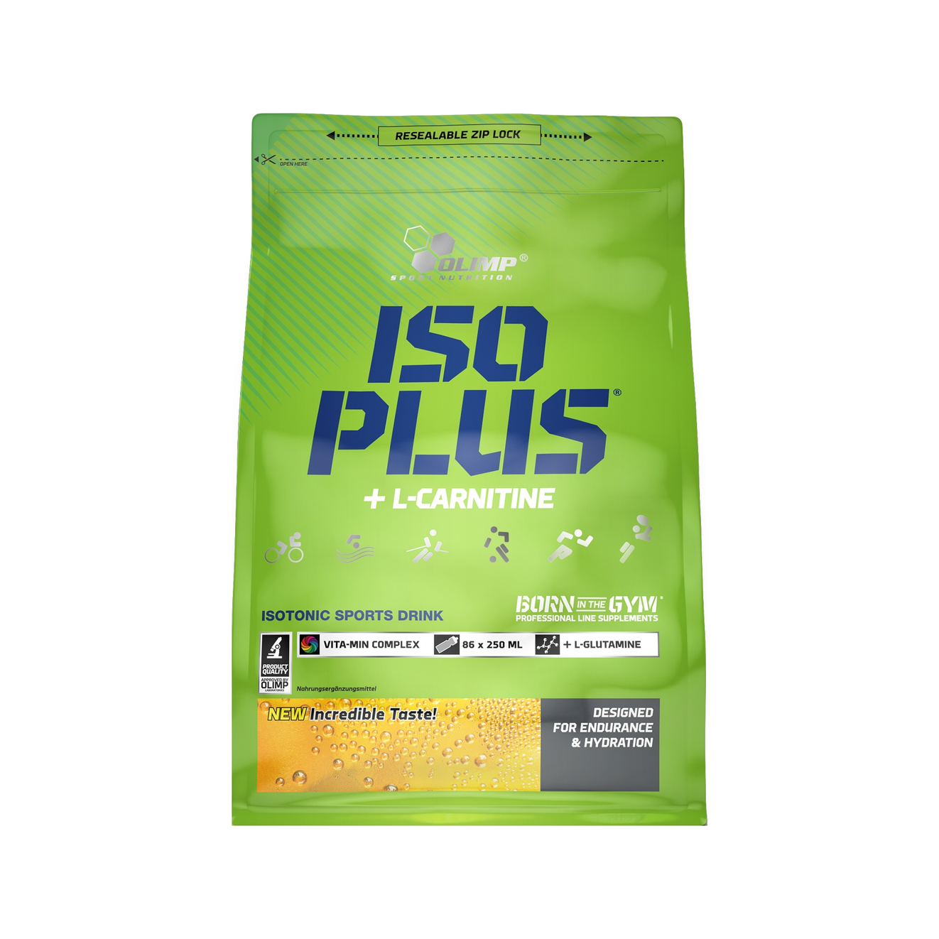 Isotonisk sportsdryck i påse med texten ISO PLUS + L-Carnitine, grön