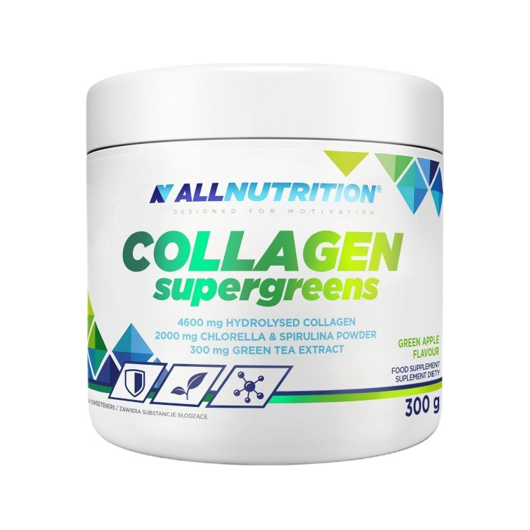 Kollagen Supergreens pulverburk med grön äppelsmak, 300 g
