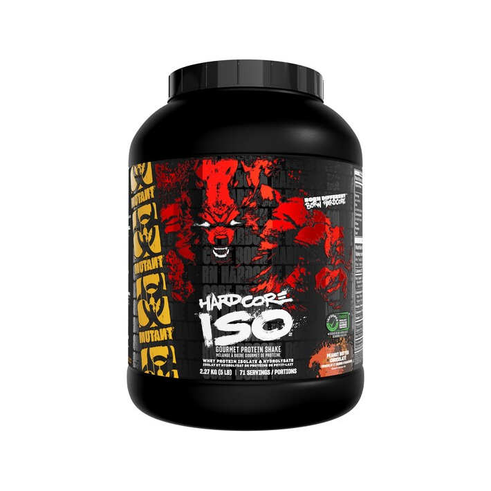 Protein-shakeburk i svart med röd/svart etikett och orange färgkod på baksidan