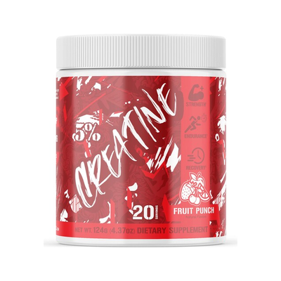 Kreatinburk med röd etikett och vit skruvkork, 5% och smak Fruit Punch