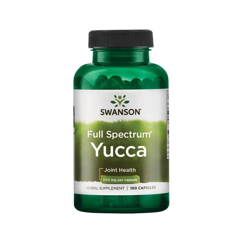Swanson Yucca kosttillskott i grönt glasflaska med etikett och skruvkork