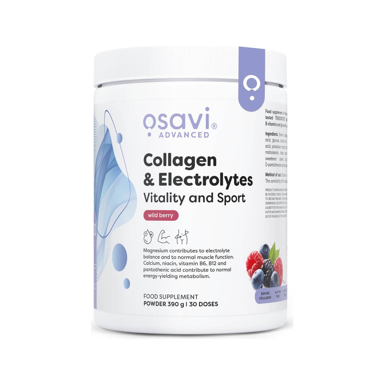 Burk med collagen- och elektrolytpulver Vitality and Sport, vildbär