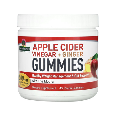 Nature's Answer ingefärs- och äppelcidervinägergummier i vit burk med röd etikett