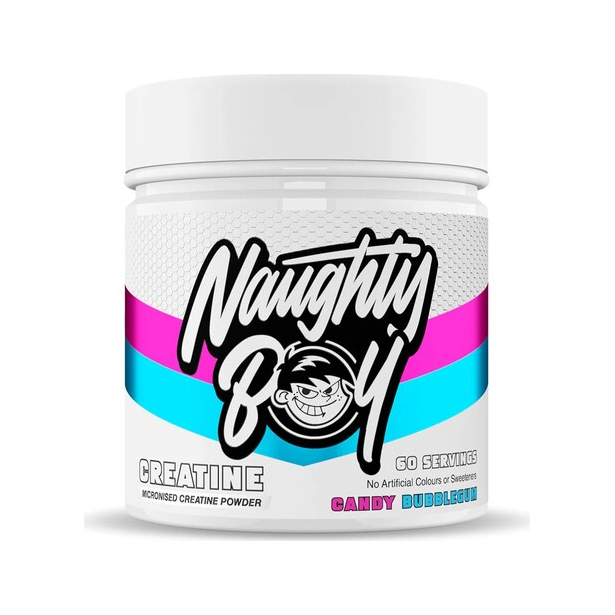Kreatinburk med etikett: Candy Bubblegum, vit med rosa och blå band.