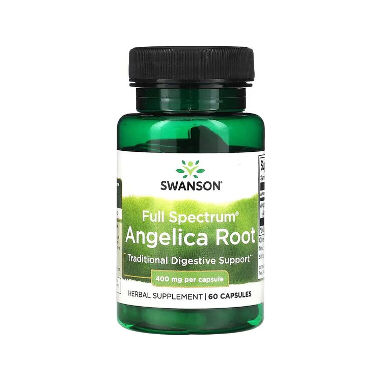 Swanson Angelica Root 400 mg kosttillskott i grön plastflaska med svart lock