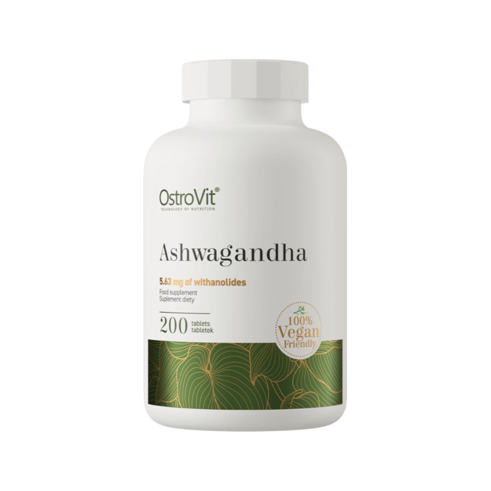OstroVit Ashwagandha 200-tablettflaska i vit förpackning med gröna växtdetaljer