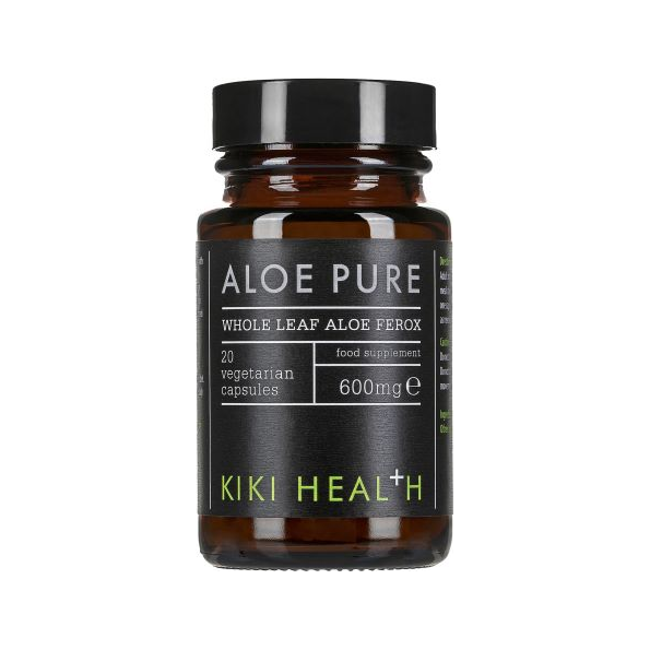 KIKI Health Aloe Pure kapslar i mörkbrun glasburk med svart lock