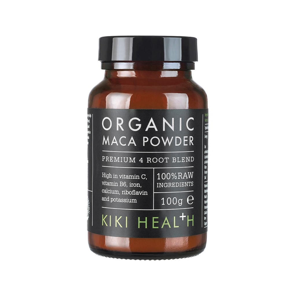 Maca-pulver i brun glasburk med svart lock, 100 g