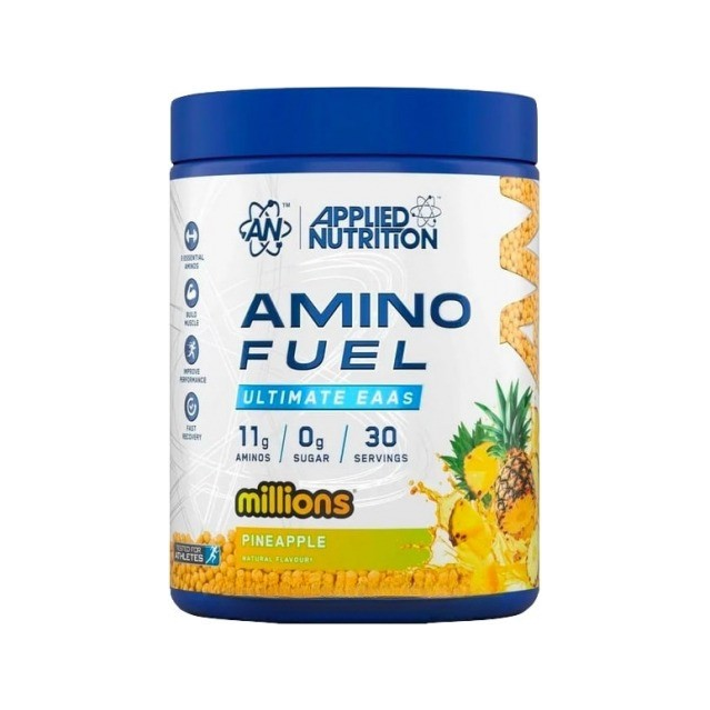 Aminofuel-burk med blått lock och etikett för Millions Pineapple.