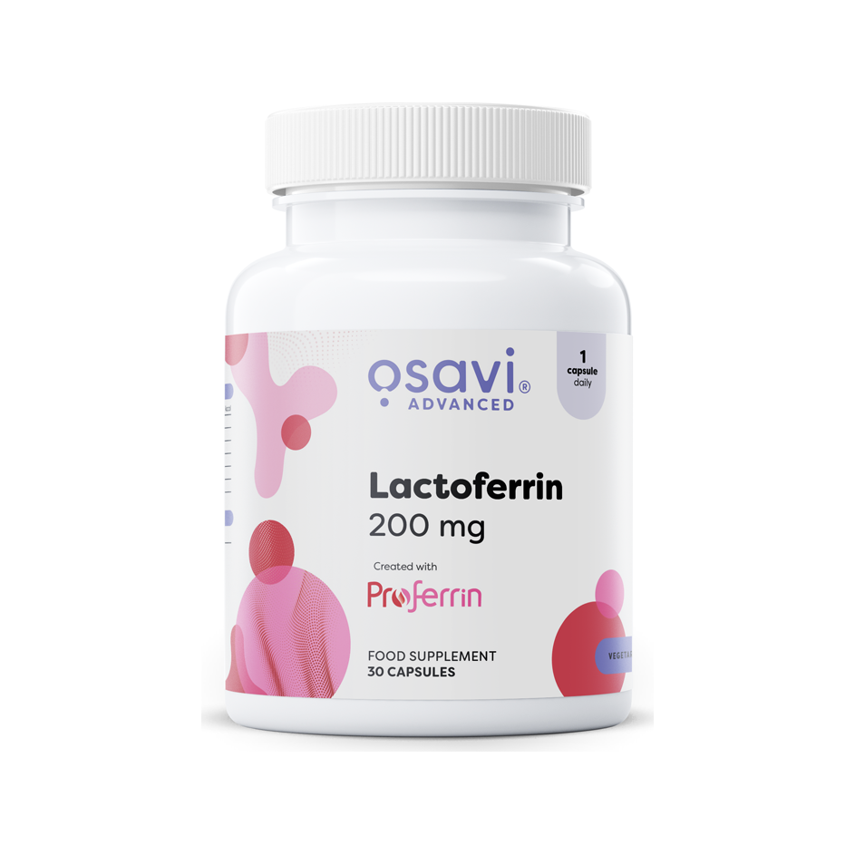 Osavi laktöferin 200 mg kapslar i vit burk med skruvlock