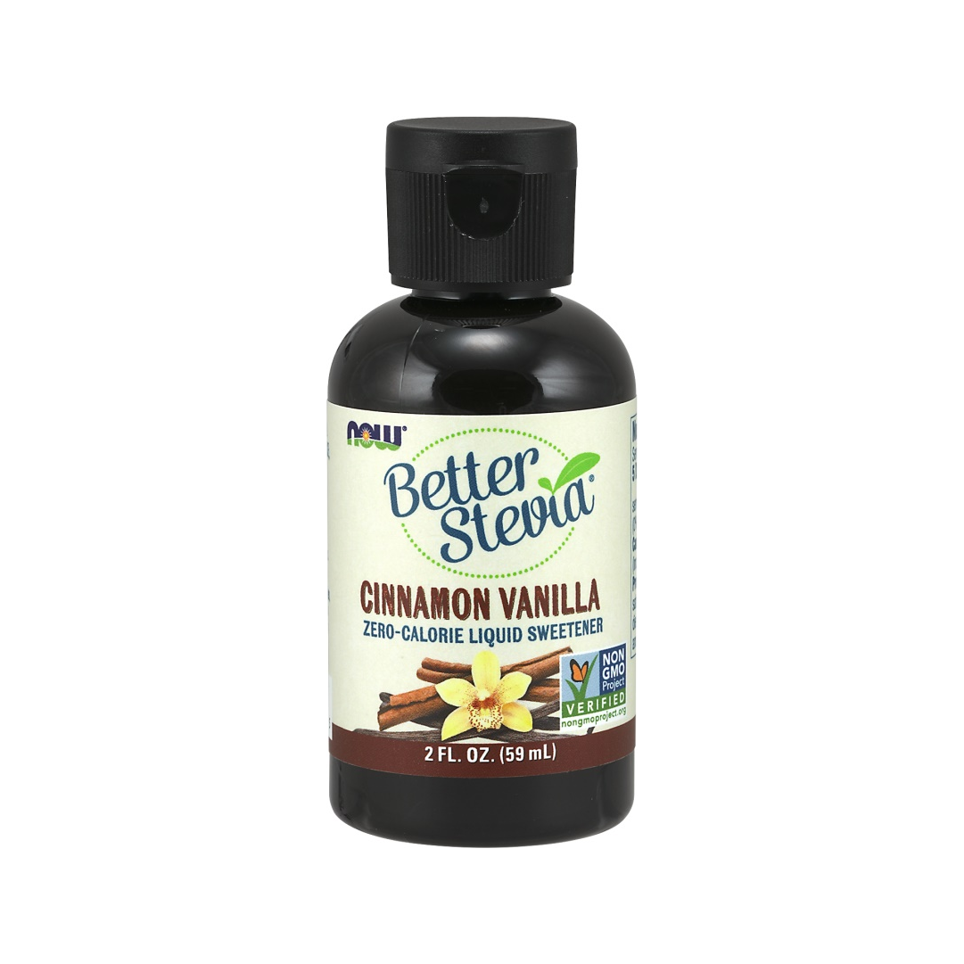 NOW Better Stevia flytande sötning, svart flaska, kork, kanel-vanilj, 59 ml