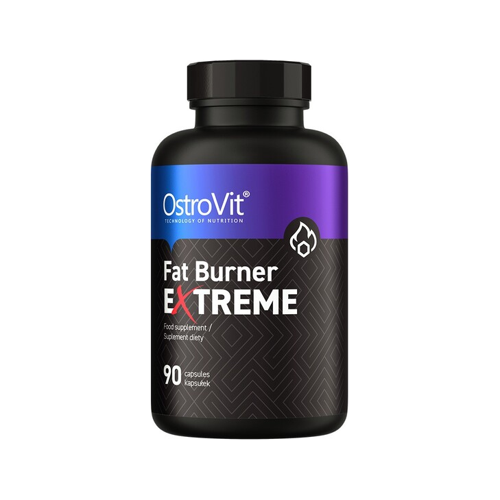 Kapselbehållare OstroVit Fat Burner Extreme, svart och lila etikett, 90 kapslar