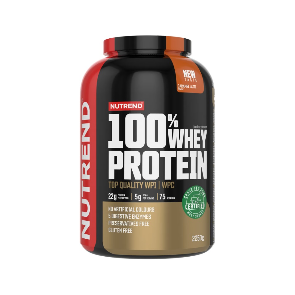Proteinpulverburk med röd och svart etikett, Caramel Latte-smak