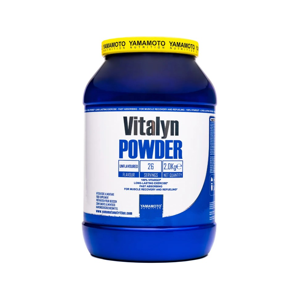 Yamamoto Vitalyn-pulver i blå burk med etikett och lock.
