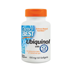 Ubiquinol-tillskott i flaska med orange lock och blå etikett