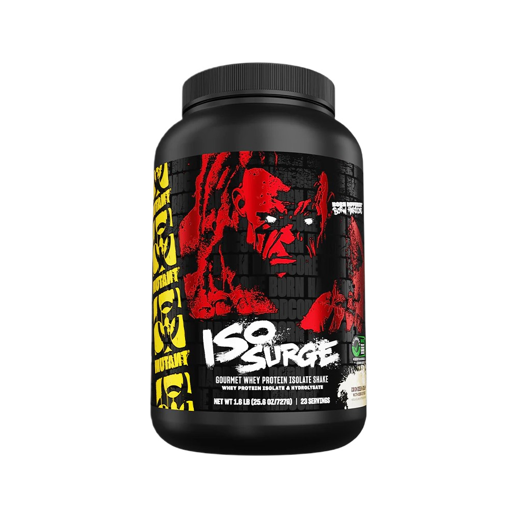 Proteinshakeburk med svart lock, röd/svart etikett med vit text och gul ram