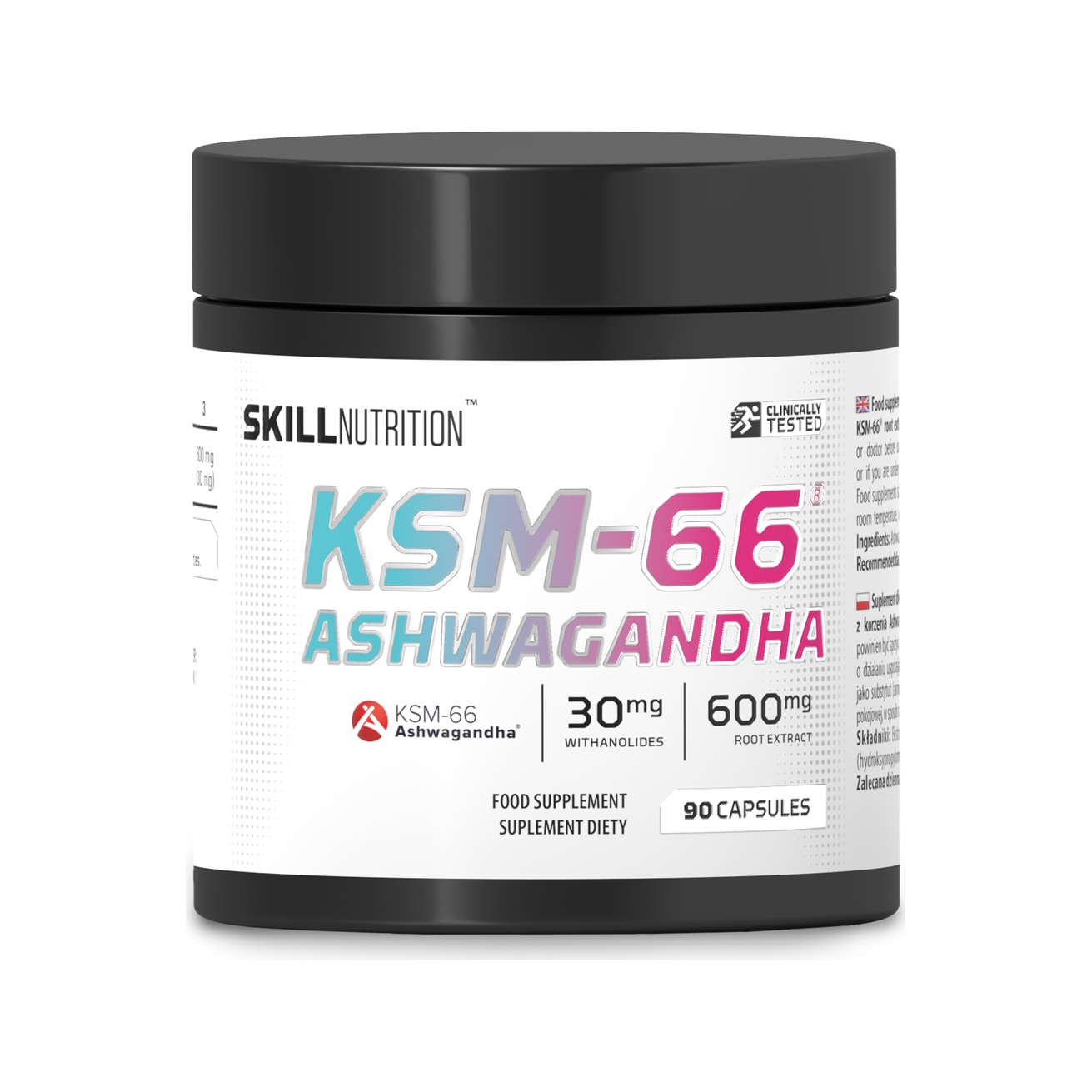 Kosttillskottburk KSM-66 Ashwagandha, vit med svart lock, 90 kapslar