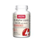 Kapseltillskott i vit burk med Jarrow Formulas etikett, R-Alpha liponsyra och biotin