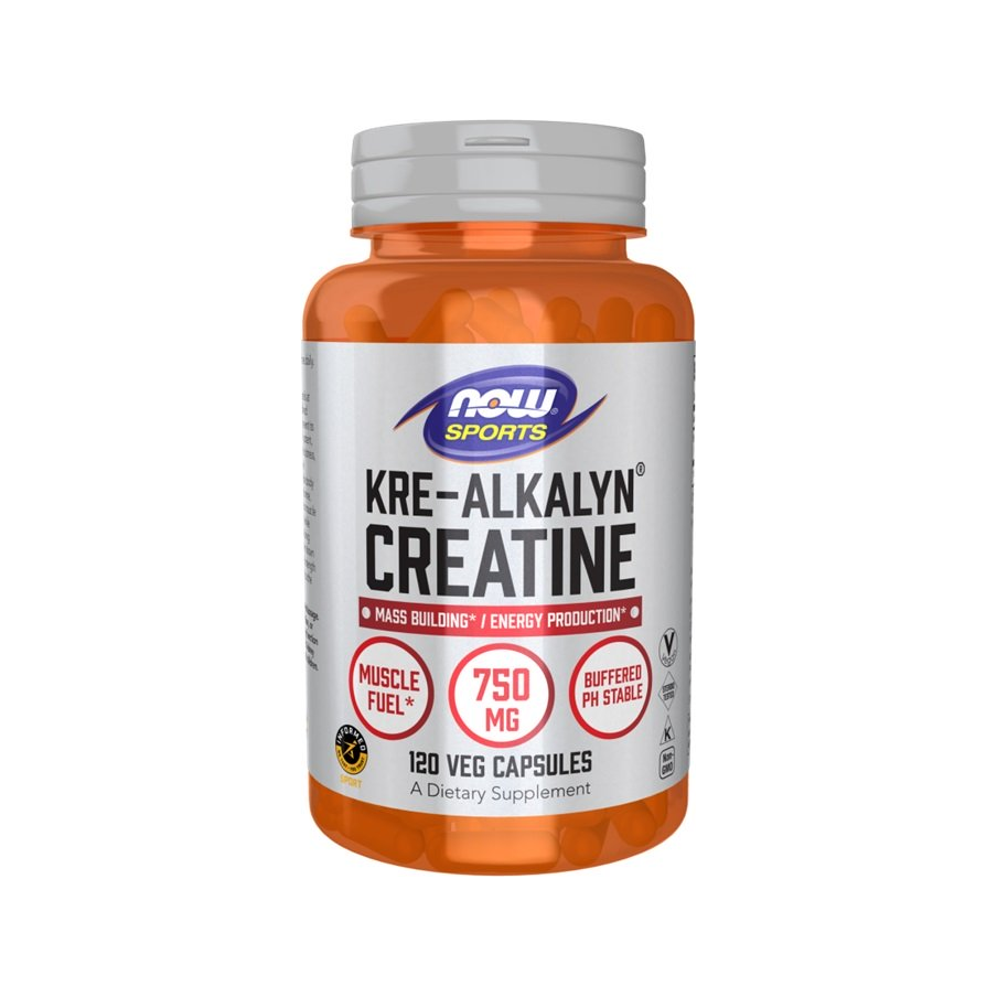 Kre-Alkalyn kreatintillskott i orange burk, NOW Sports, 120 veg-kapslar