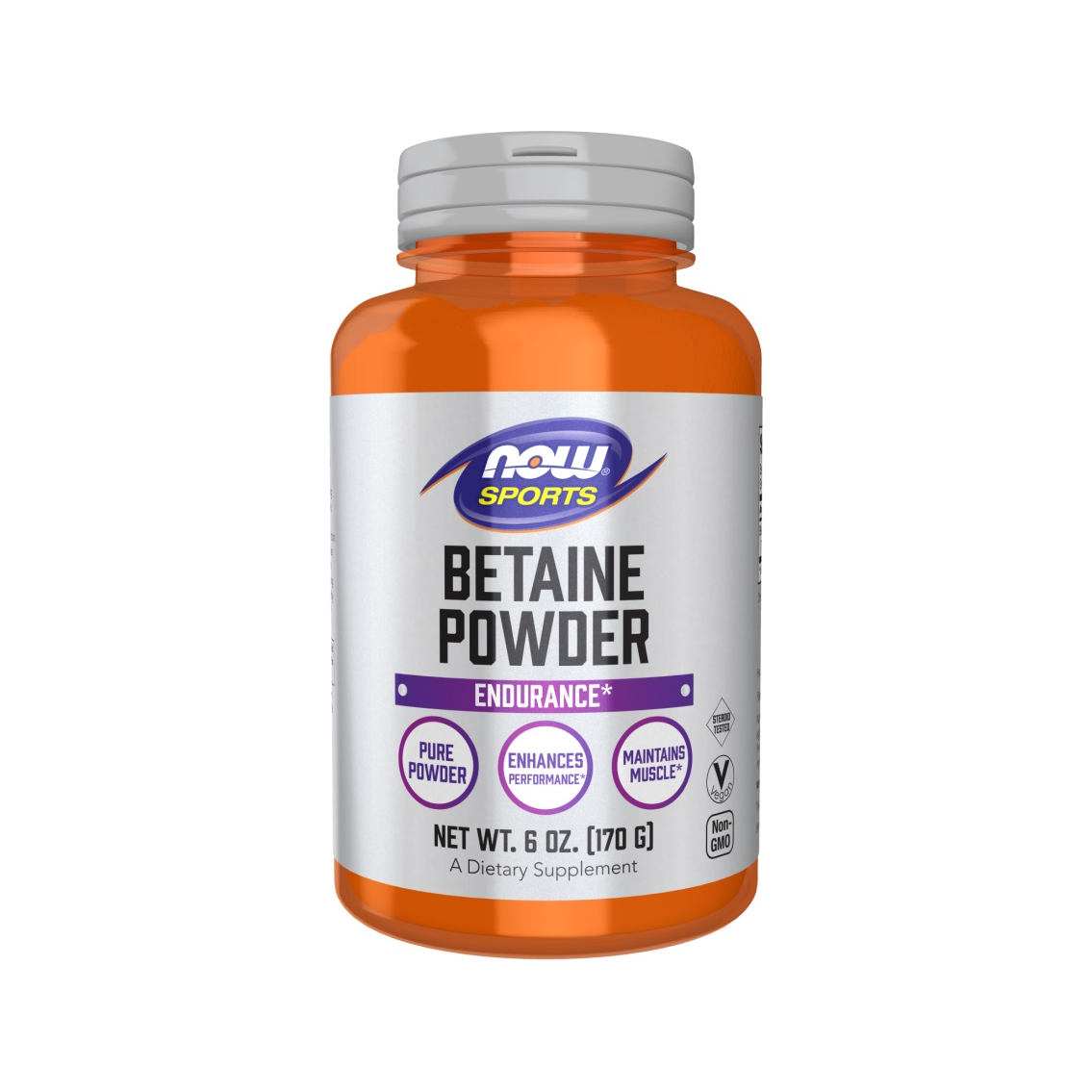 NOW Foods Betainpulver i orange plastburk med etikett, 170 g