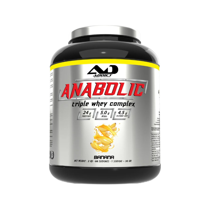 Whey-protein i burk med banansmak, svart lock och grå etikett.