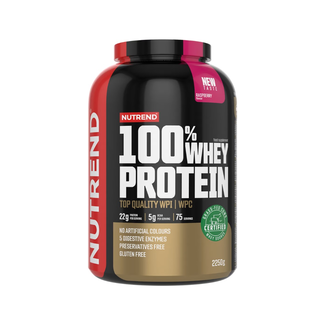 Nutrend 100% vassleprotein 2250 g, röd burk med svart lock och rosa toppetikett.