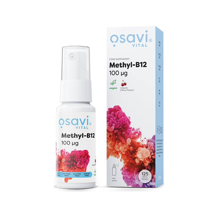 Osavi Methyl-B12 munsprej i vit sprayflaska och blå kartong med blommor
