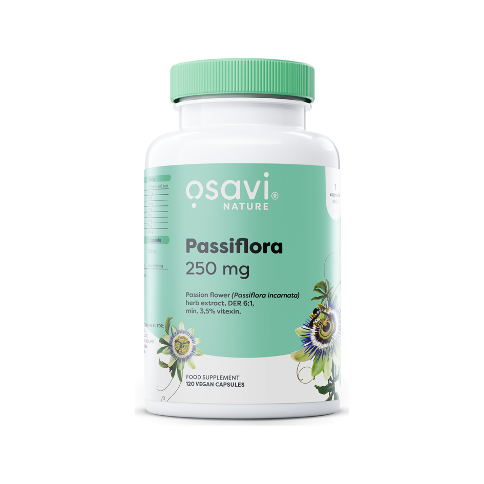 Osavi Passiflora 250 mg kapselburk med grön etikett och 120 kapslar