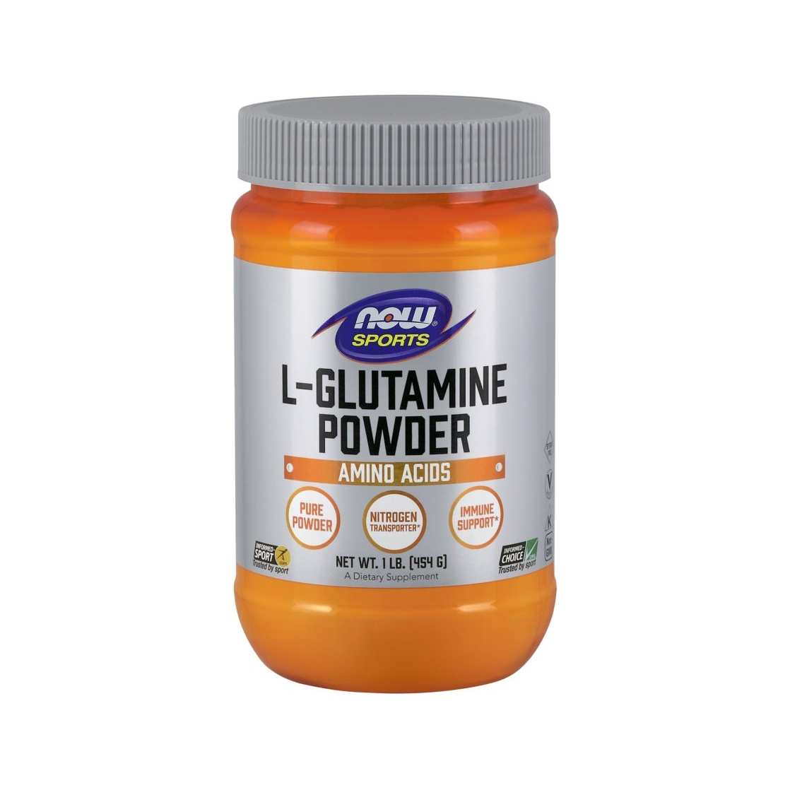 NOW Foods L-glutaminpulver i orange burk med skruvlock, 454 g